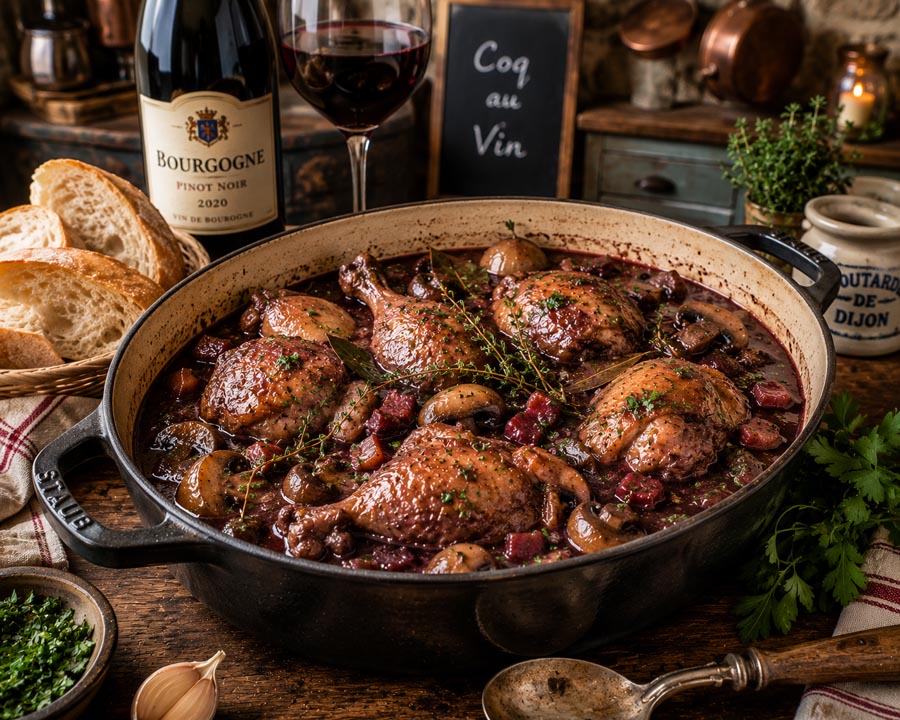 Recept: Coq au Vin (klassieke Franse kip in rode wijn)