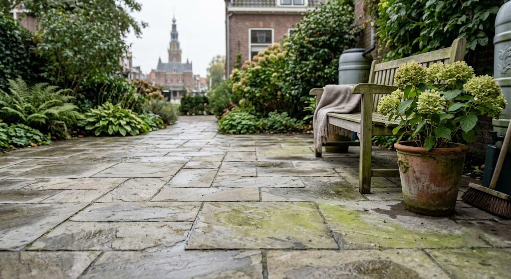 Groene aanslag op terrastegels voorkomen zonder onnodig hard te reinigen